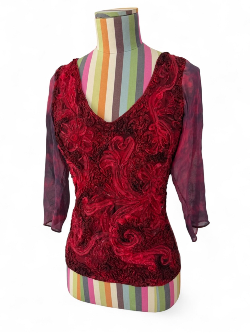 Tie Dye V-Neck Textured Fairy Top Sheer Sleeves Floral Design Stretch Silk